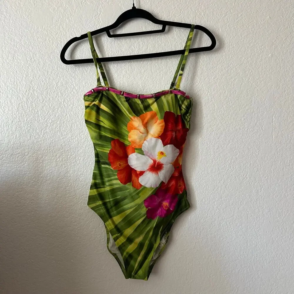 Vintage Beaded Tropical Hawaiian Fairy Floral One Piece Swimsuit Green Size 8/38